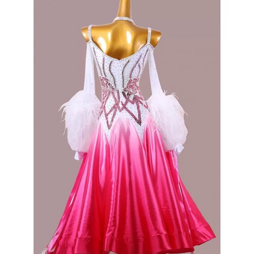 Custom size fuchsia with white gradient competition feather ballroom dance dresses for women girls kids waltz tango foxtrot smooth dance long gown for female